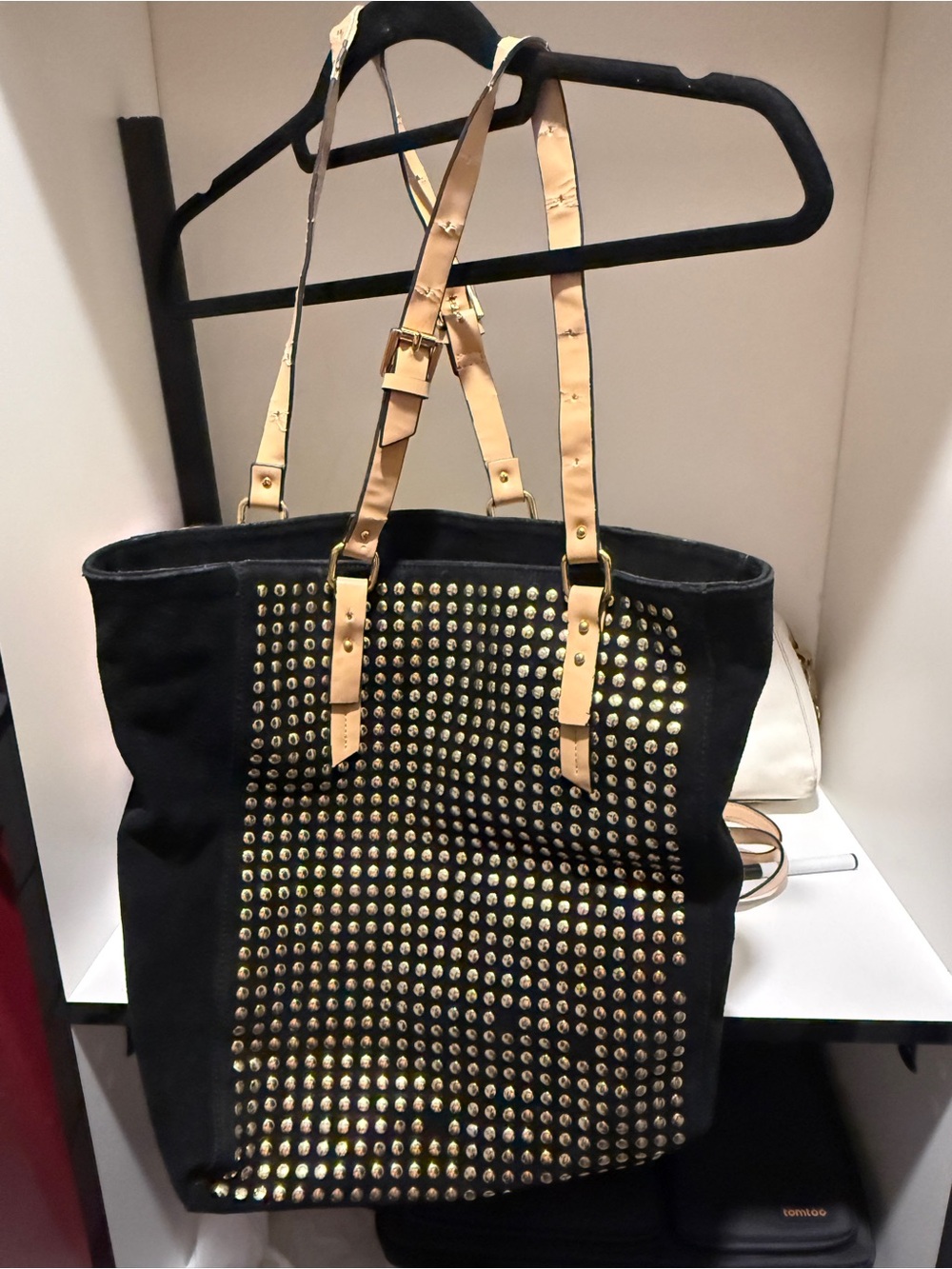 Kelsi Dagger Black Tote with Gold Studs and Tan Straps